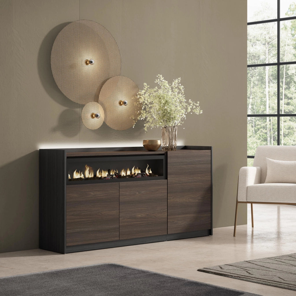 Credenza, Mobile, Cucina, 156x80x37 cm, 3 Porte, Camino elettrico, LED, Rovere scuro e Nero
