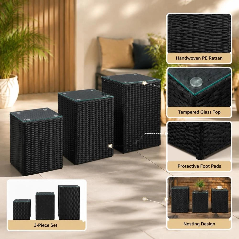 Side Tables, Set Of 3, With Glass Tops, Black Poly Rattan