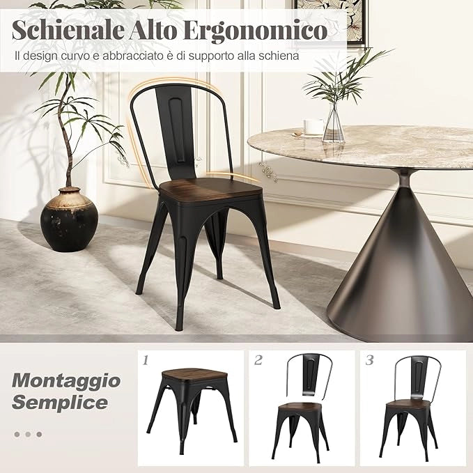 Set di 4 Sedie da Pranzo Impilabili 53 x 44,5 x84 cm, Sedie da Bar con Schienale Alto, Struttura in Legno e Acciaio, Ideale per Balcone, Cortile e Ristorante (Nero)