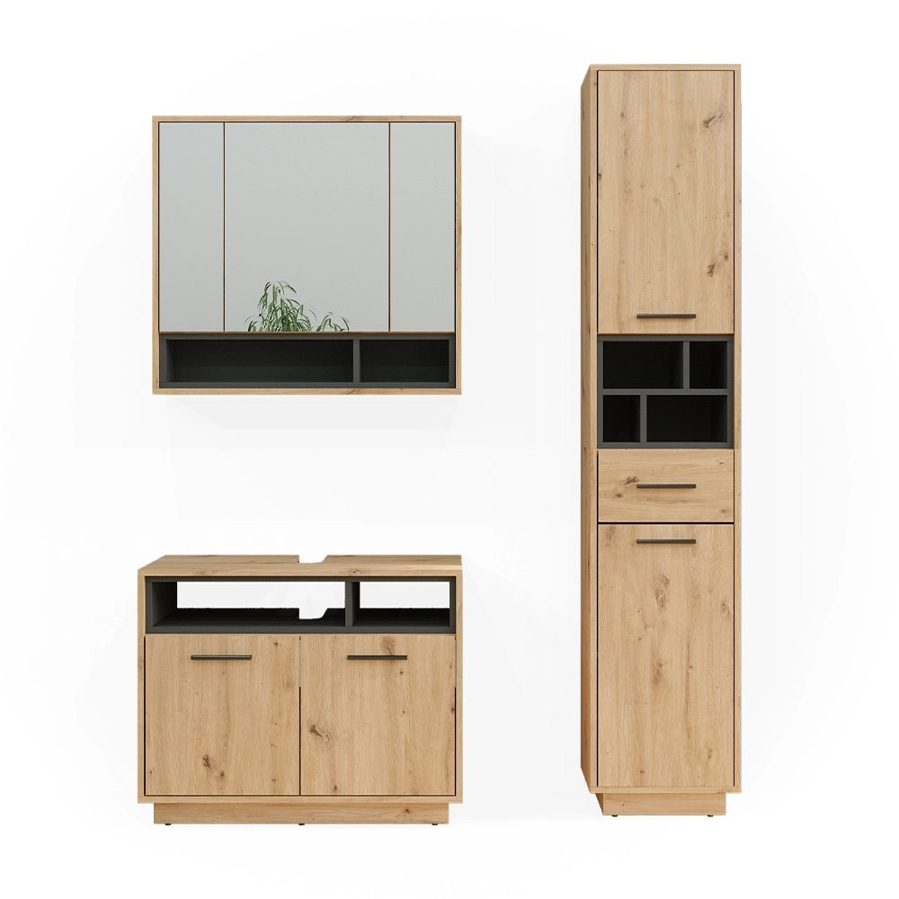 Vicco Set di mobili da bagno Rovere artigianale 3 parti, con colonna