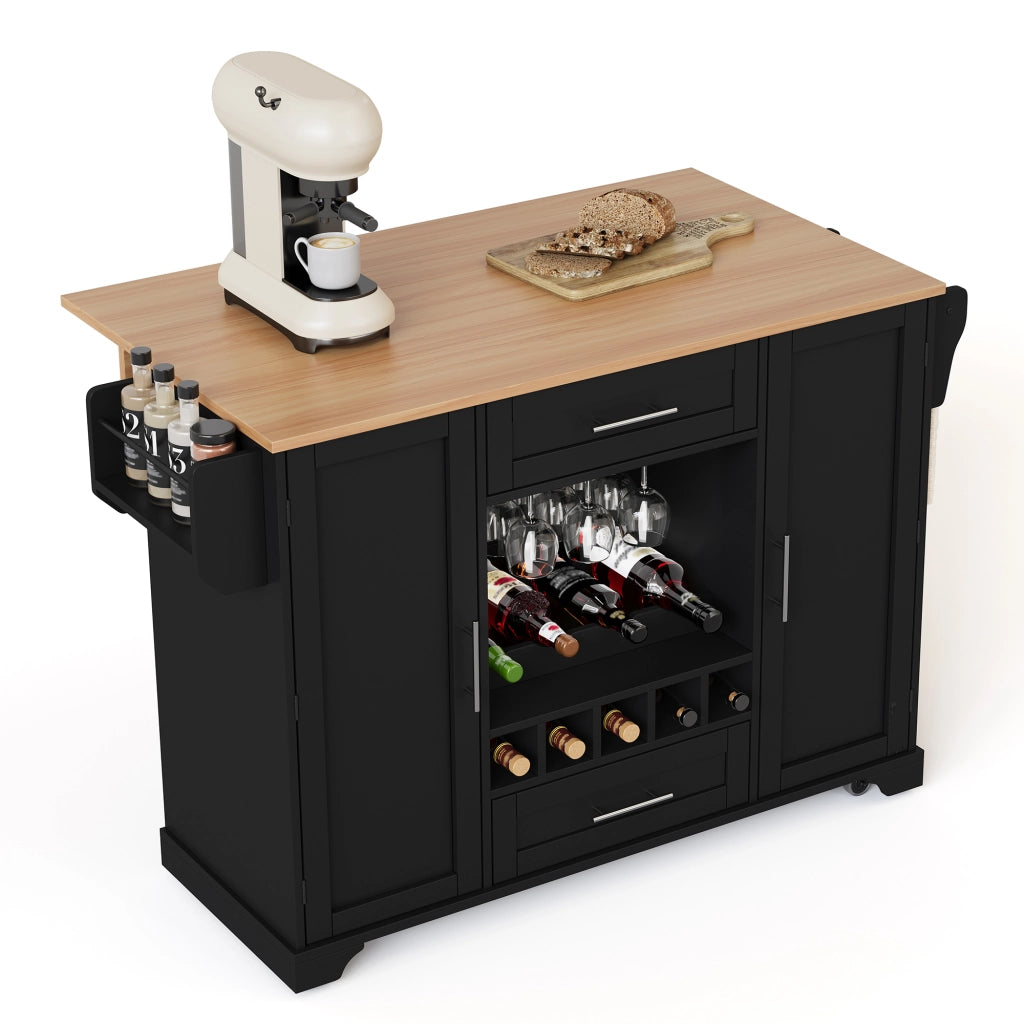 Isola da Cucina Mobile 138x45/70x92 cm Nera con Piano Ribaltabile; Portabottiglie; Portabicchieri e 5 Ruote
