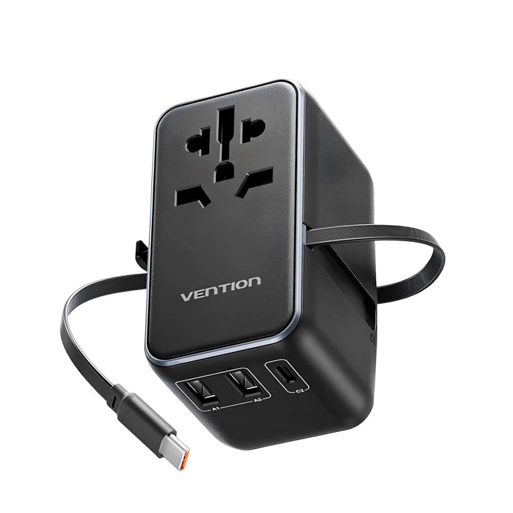 Adattatore da Viaggio Universale 3 Porte USB con Cavo USB-C Tecnologia GaN Nero VENTION