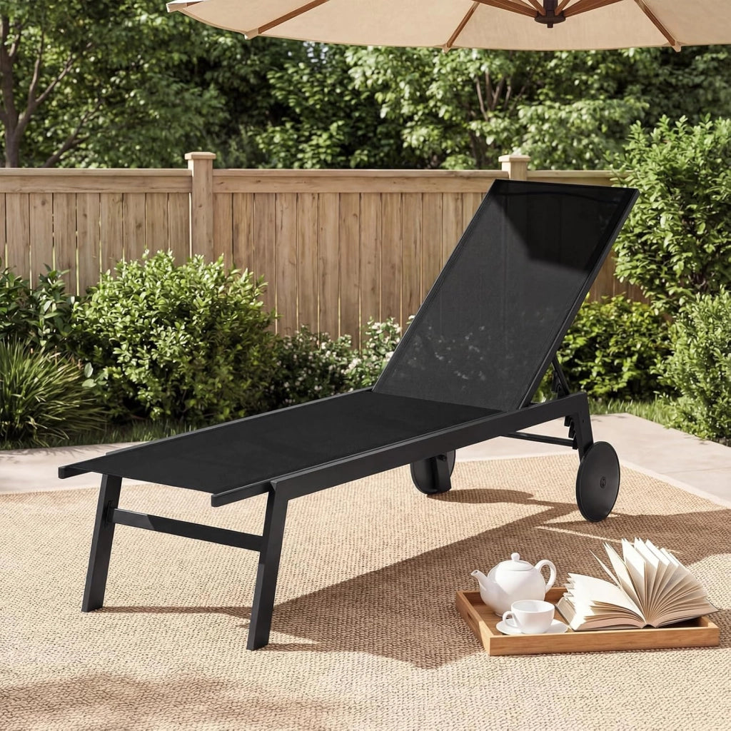 Sdraio da Giardino Reclinabile, Poltrona in Metallo Resistente con Schienale 6 Posizioni e Tessuto Traspirante, Sedia da Abbronzatura Piatta per Bordo Piscina e Terrazza(Nero,1)