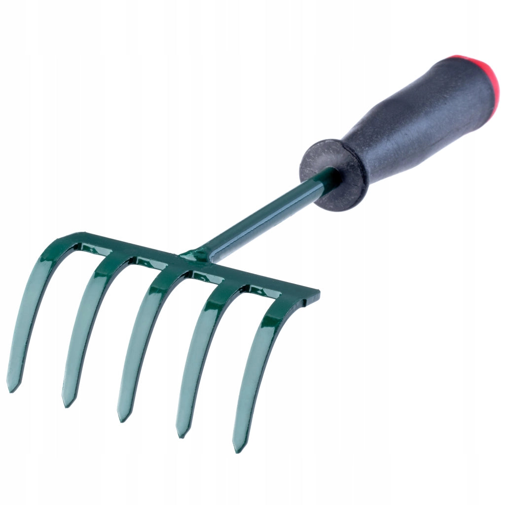 KADAX Piccolo rastrello in metallo per foglie, erba e giardino, 25 cm, 5 denti, manico