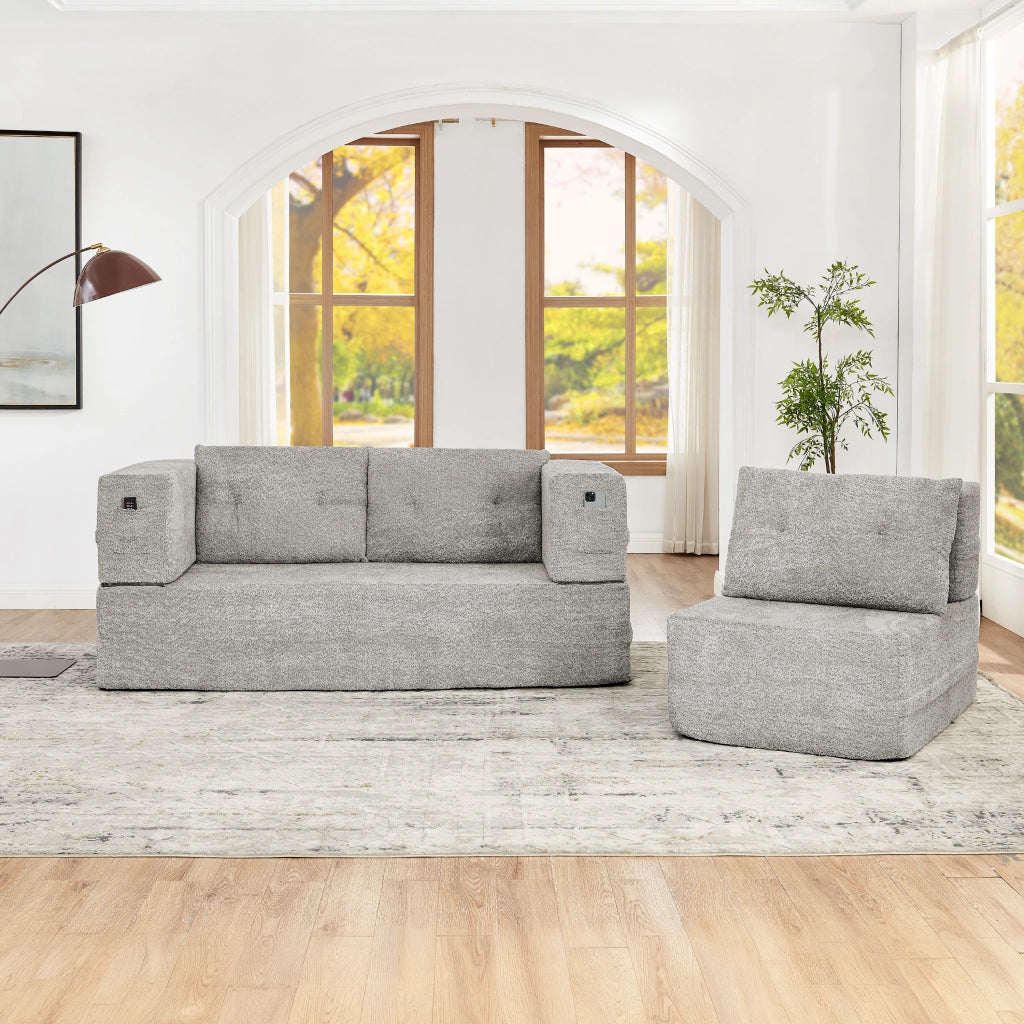 Divano modulare letto in tessuto con tasche laterali e schienale reclinabile, grigio chiaro 199 × 194 × 39 cm