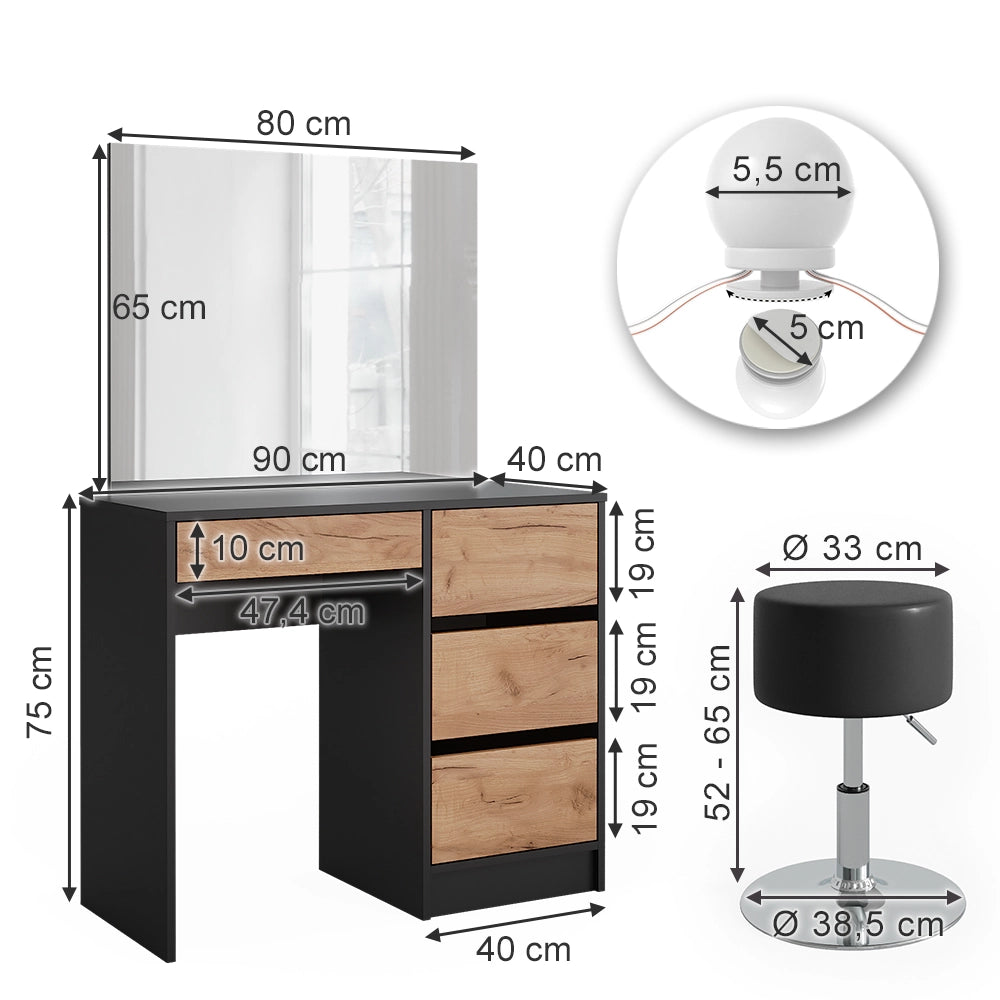 Vicco Tavolo da toilette Antracite/quercia dorata 90 x 75 cm con specchio, illuminazione LED e sgabello