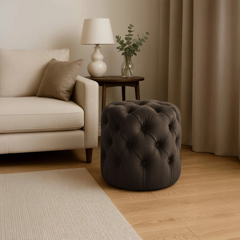 Pouf Drancy in velluto trapuntato marrone scuro,M