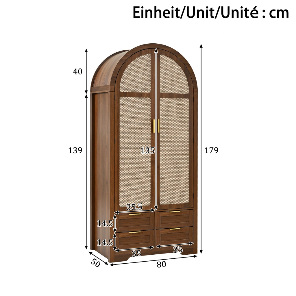 Armadio con ante curve in rattan e cassetto, asta appendiabiti, per camera da letto e ingresso, MDF, noce, 80 × 50 × 179 cm
