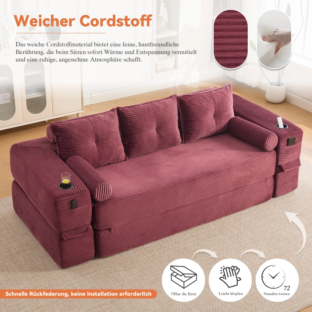 Divano convertibile con tasche laterali, portabicchieri e cuscini memory in corduroy rosso vino 232 × 98 × 80 cm