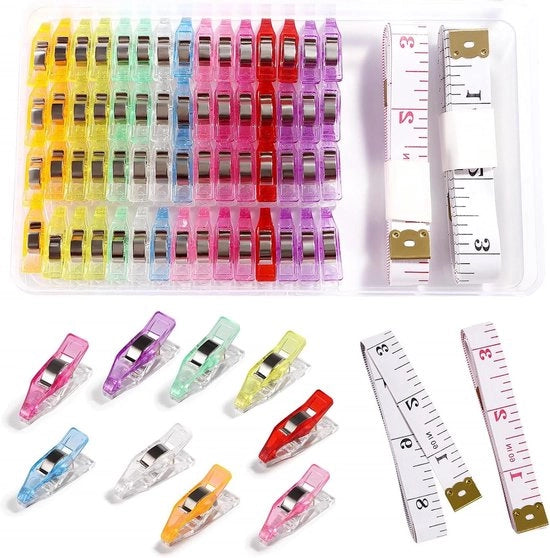 60 pezzi 2,7x0,7x1,3 cm Clip per tessuti Clip per patchwork Clip per cucito con 2 pezzi di nastro di stoffa da 150cm per lavori di cucito e di ricamo per oggetti appesi