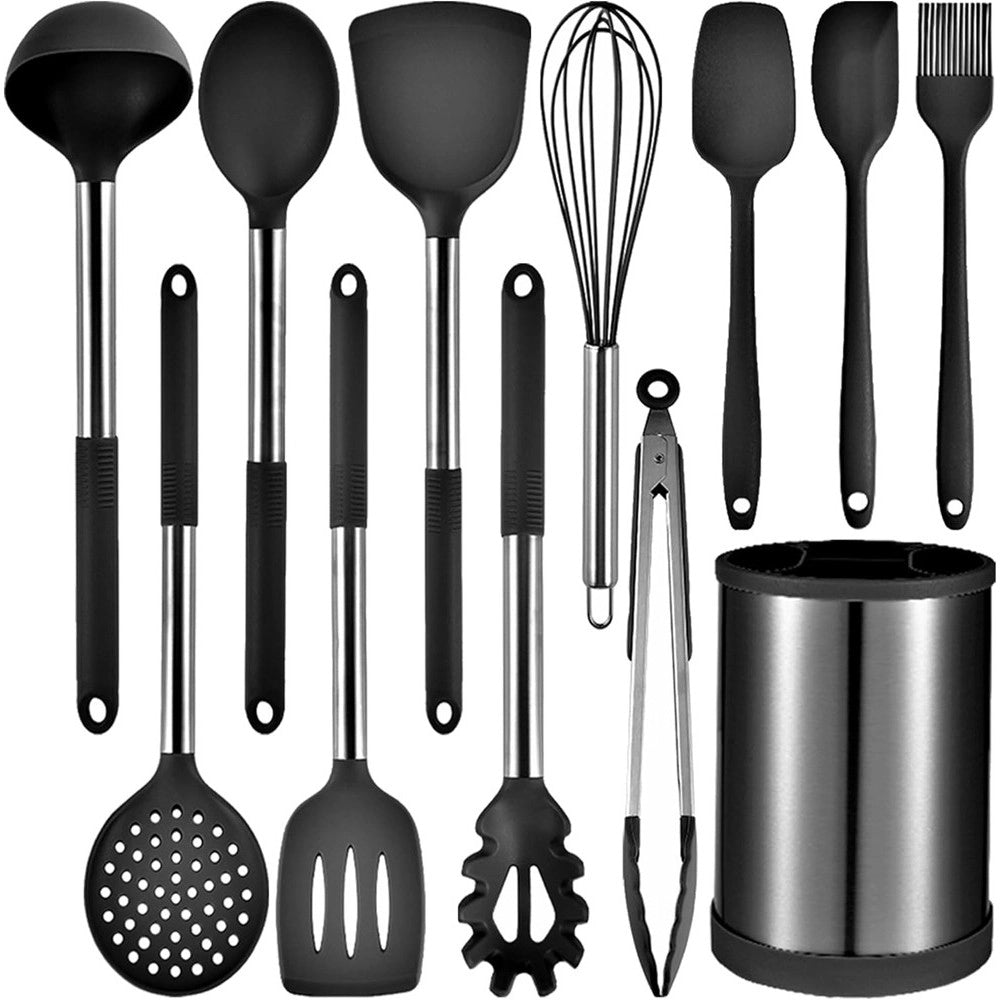 Trade Shop - Set 12pz Utensili Da Cucina Mestoli In Silicone Acciaio Antiaderente Portaposate Girevole -