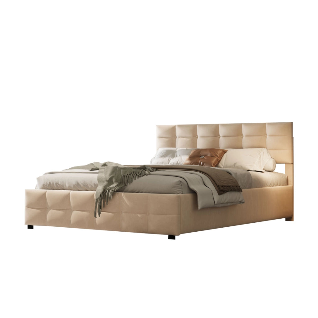 OKWISH Letto Contenitore 180×200 cm, Letto Matrimoniale con Testiera Imbottita e Sollevamento Idraulico, senza Materasso, Beige