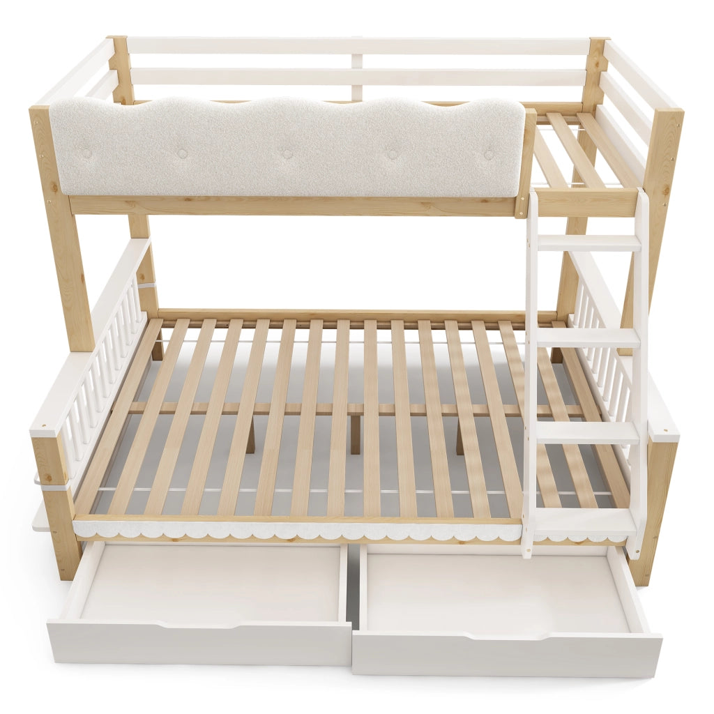 Letto a castello per bambini 90x200/140x200 cm con cassetti, portariviste e scala inclinata, Bianco & Rovere