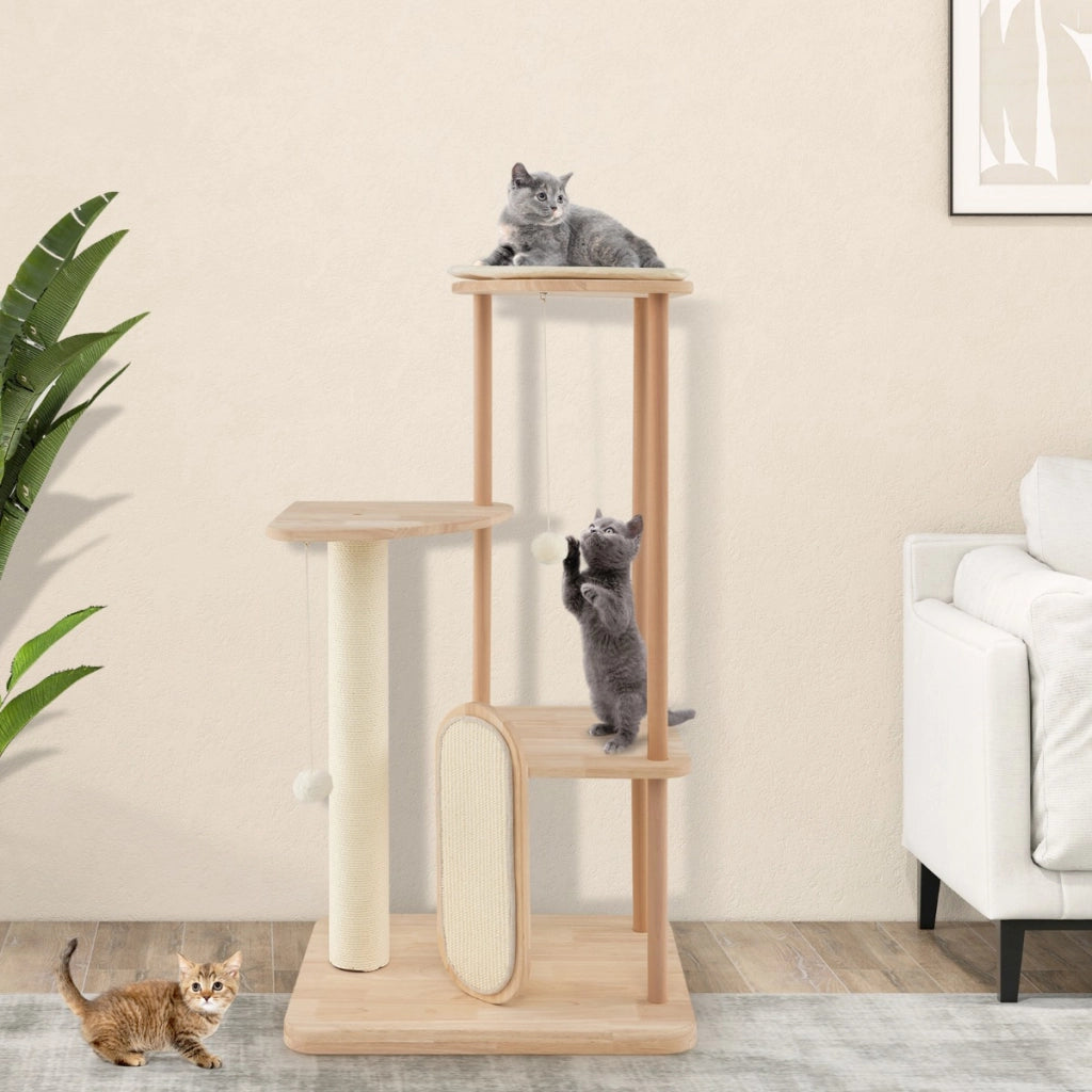Albero per gatti in legno multilivello con tavola e palo tiragraffi in sisal, Centro di attivit¨¤ per gatti moderno-Alberi Tiragraffi