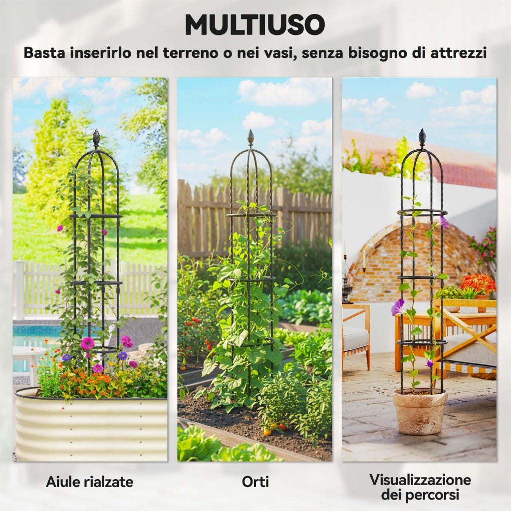 Set 2 Supporti per Piante Rampicanti Alti 1.7 m in Acciaio Antiruggine con Decorazioni. Nero