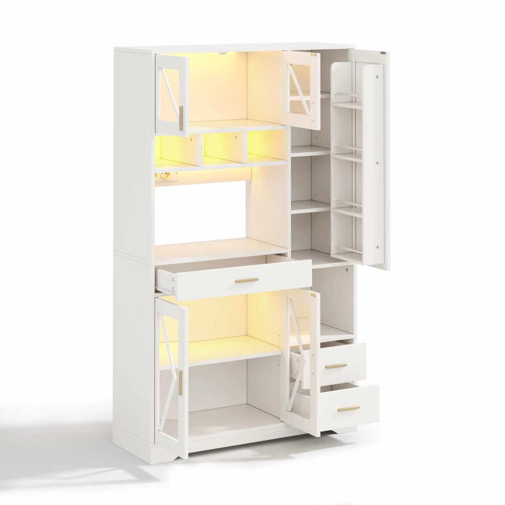 Credenza buffet vintage con LED RGB, prese integrate, ripiani regolabili e ante in vetro temperato, 105 × 40 × 185 cm, bianco