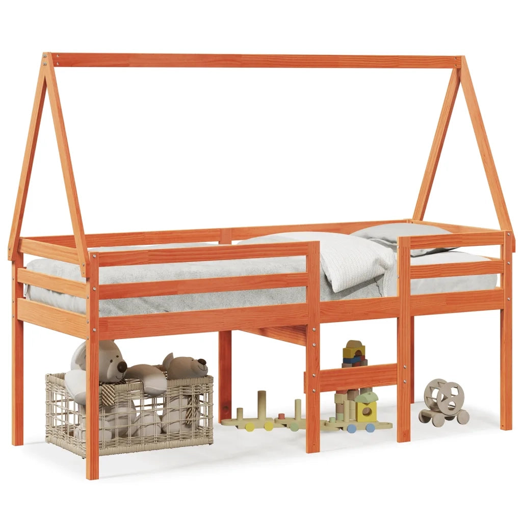 Letto a Soppalco con Tetto Cera 90x190cm Legno Massello di Pino 3282100
