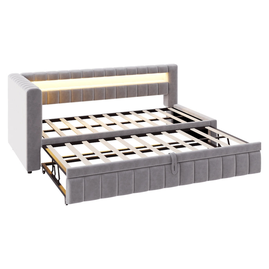 Letto imbottito trasformabile 90x200 cm con letto estraibile, LED, porte USB e C, velluto grigio chiaro