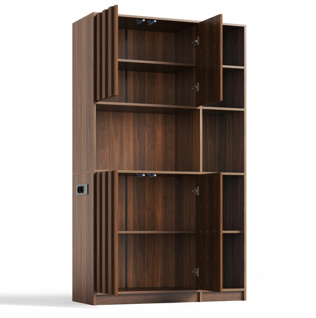 Credenza alta multifunzionale 105x40x180 cm in MDF colore noce con LED RGB e prese integrate