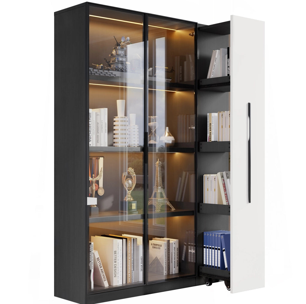 Mobile multiuso 2 in 1 con vetrina LED e vano estraibile; 110;5 x 35 x 160 cm; bianco e nero