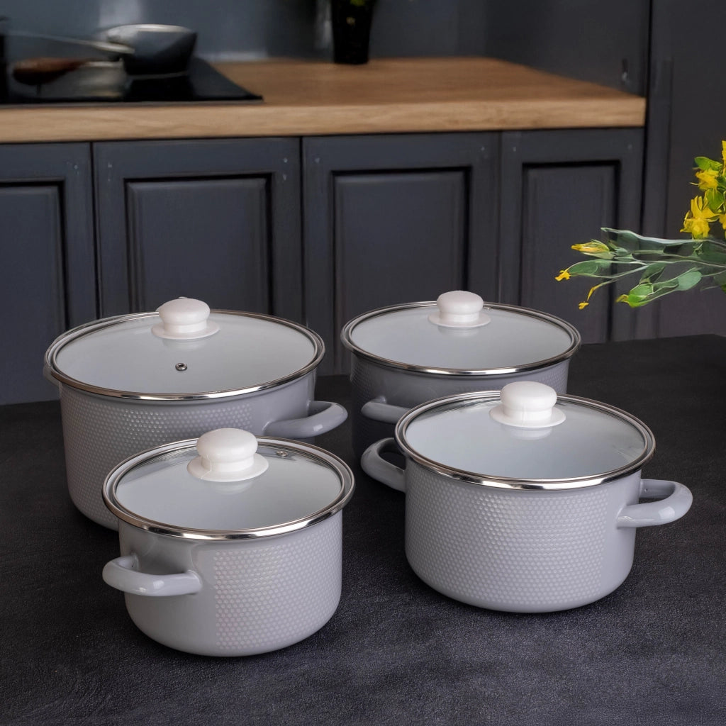 Set di pentole smaltate KADAX da 8 pezzi per piani cottura a induzione e gas, in acciaio inox, con coperchi.