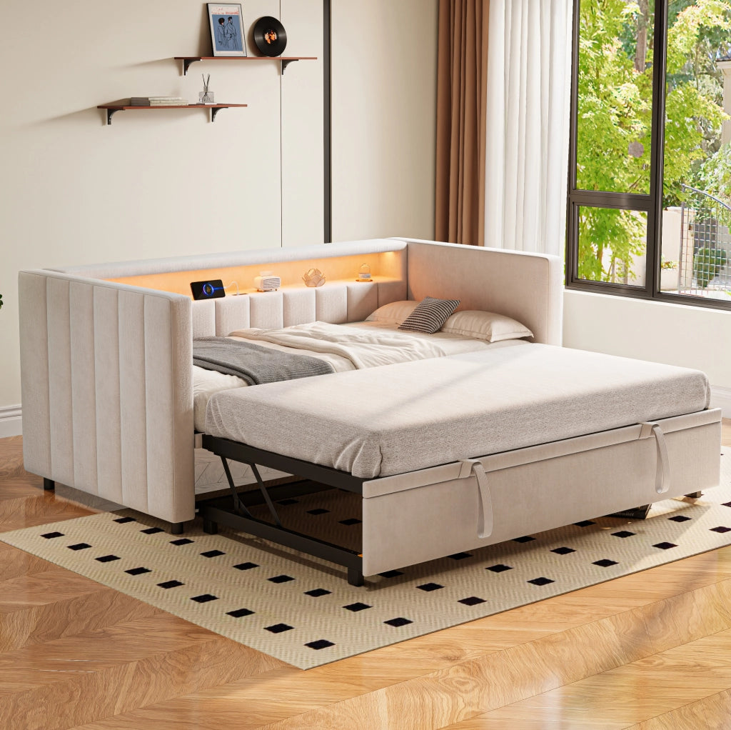 Divano letto estraibile 90x190 cm beige in velluto con LED