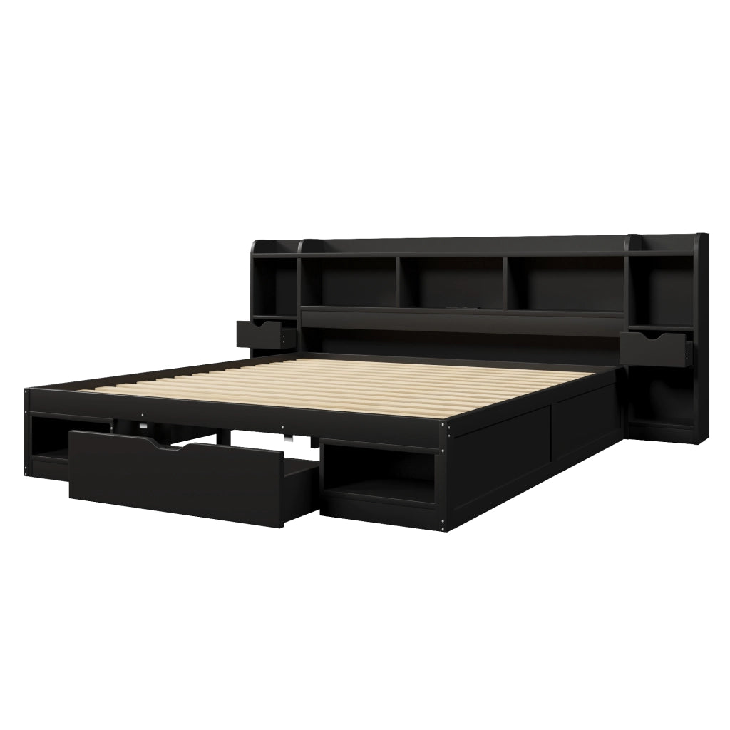 Letto Contenitore 180x200 cm con LED; USB; 3 Cassetti e vani portaoggetti - Nero