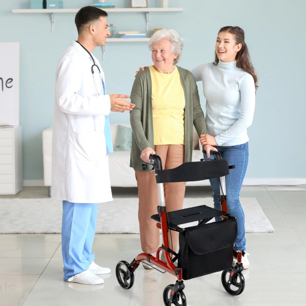 Deambulatore con seduta 2 in 1, Rollator pieghevole con 4 ruote 20cm maniglie regolabili borsa portaoggetti Rosso-Salute e bellezza