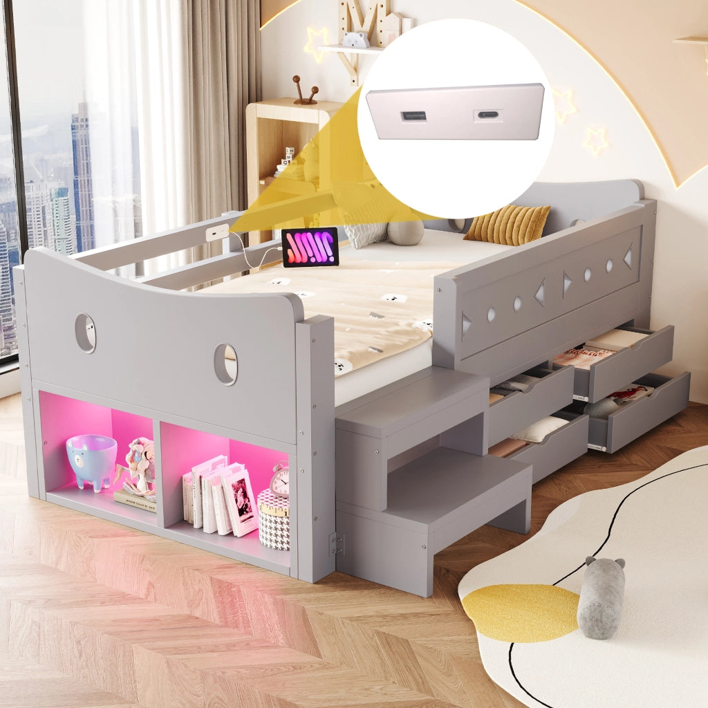Letto singolo bambino 90×200 cm con 4 cassetti; LED; USB e Type-C; sicurezza laterale; senza materasso; legno; grigio