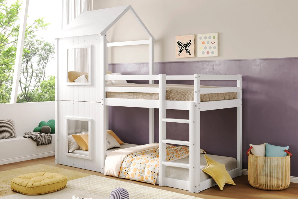 DESMIU Letto Casetta per Bambini 1 Posto con Sponde e Baldacchino, 90 × 200 cm, Senza Materasso, in Pino, Bianco