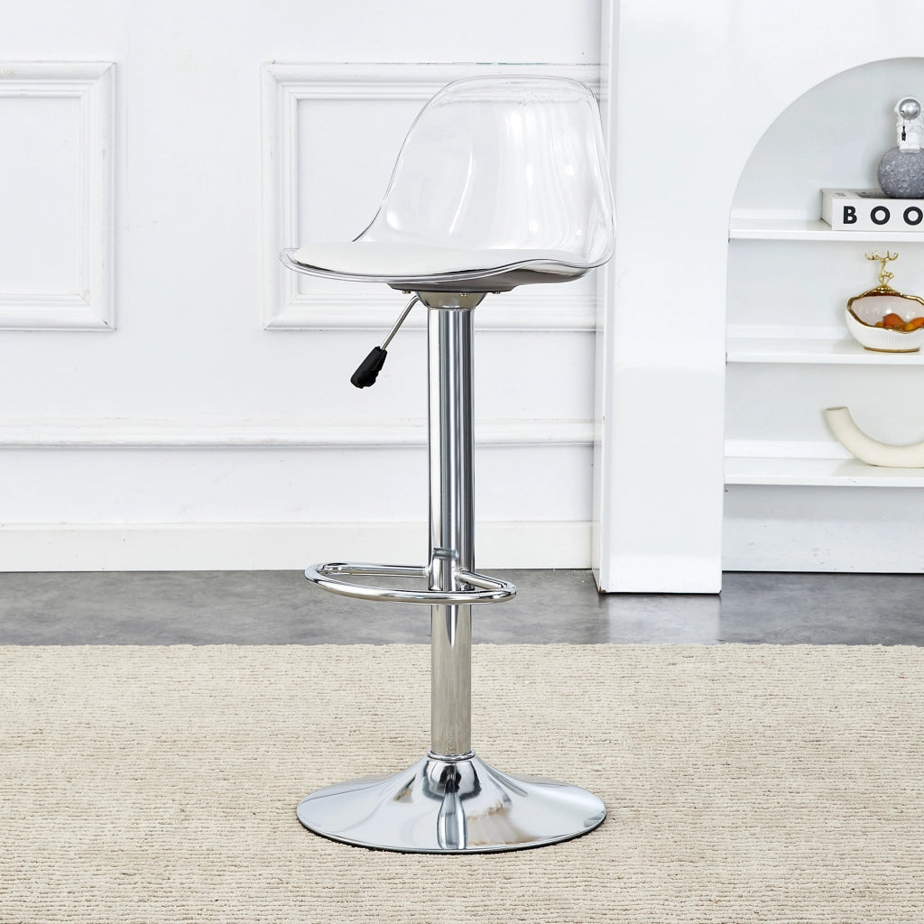Sgabello da bar girevole con altezza regolabile e schienale trasparente in metallo bianco e argento 82 × 104 cm