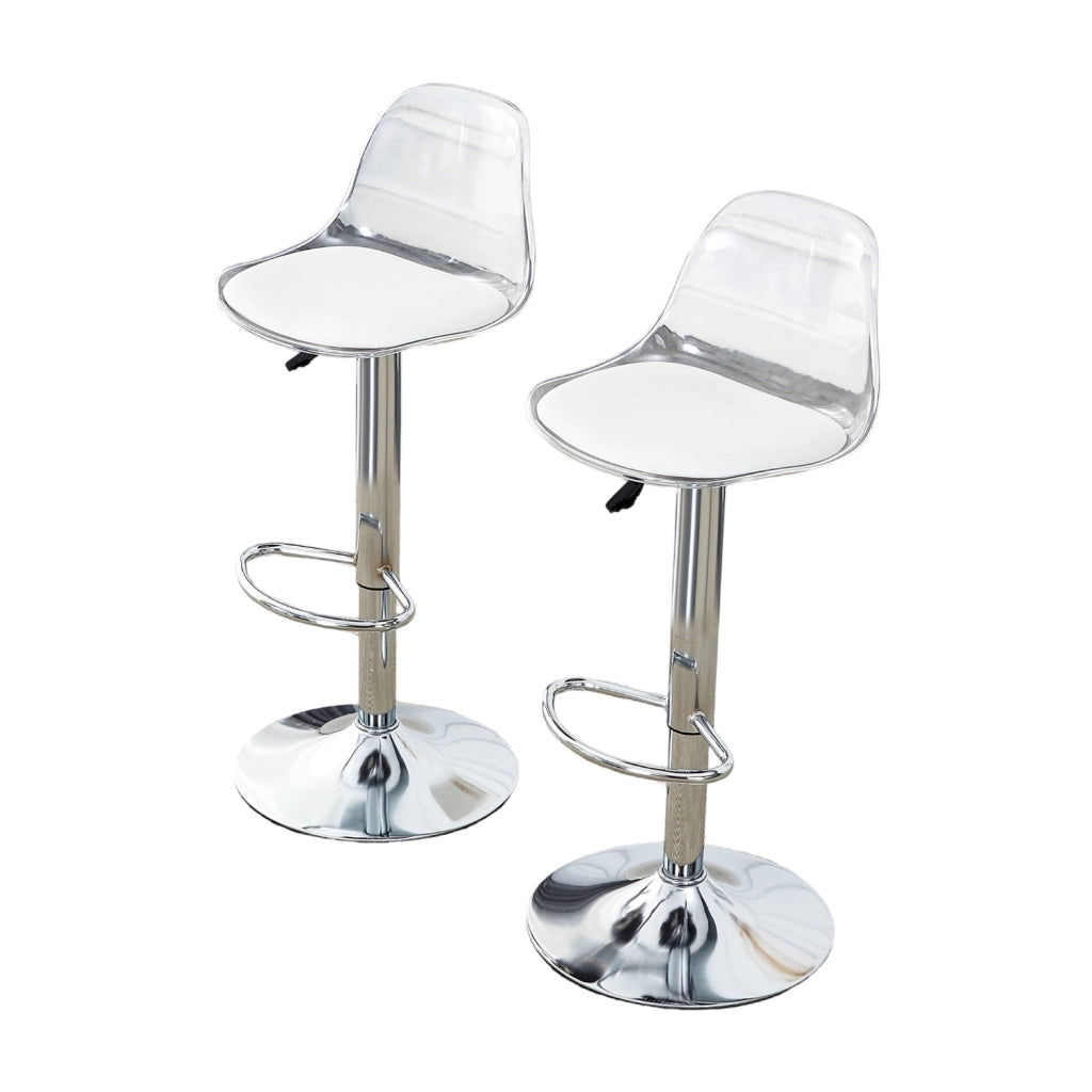 Set di 2 sgabelli da bar girevoli; regolabili in altezza; in metallo e plastica; bianco e argento
