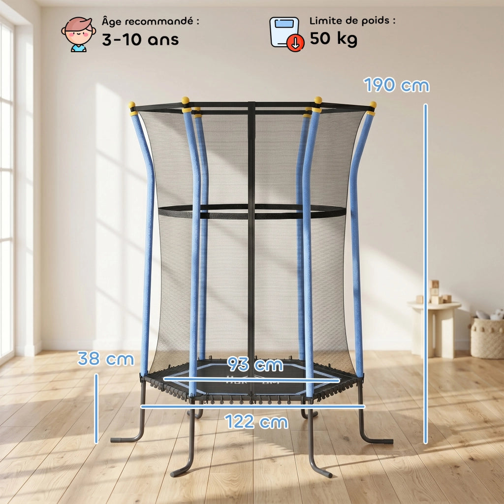 Trampolino bambini ? 163 cm ¨C Xylo ¨C rete sicurezza porta zip 6 pali imbottiti blu nero