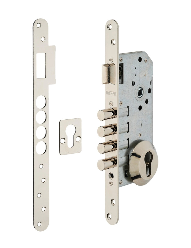 Cassa serratura da incasso per cilindro europeo, asse 50 mm, frontale nichelato, rosetta aperta – THIRARD