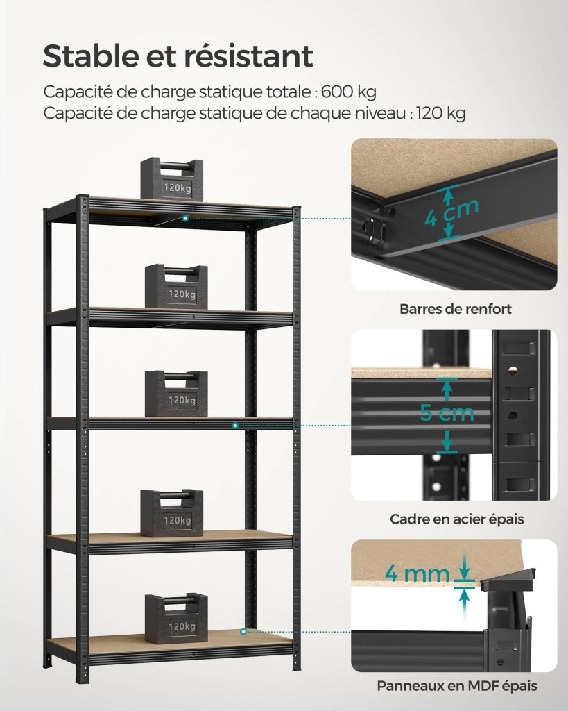 Scaffalatura metallica per carichi pesanti 200 x 100 x 50 cm 5 ripiani portata totale 875 kg (175 kg/ripiano) ripiani regolabili per garage/cantina nero 12_0005588