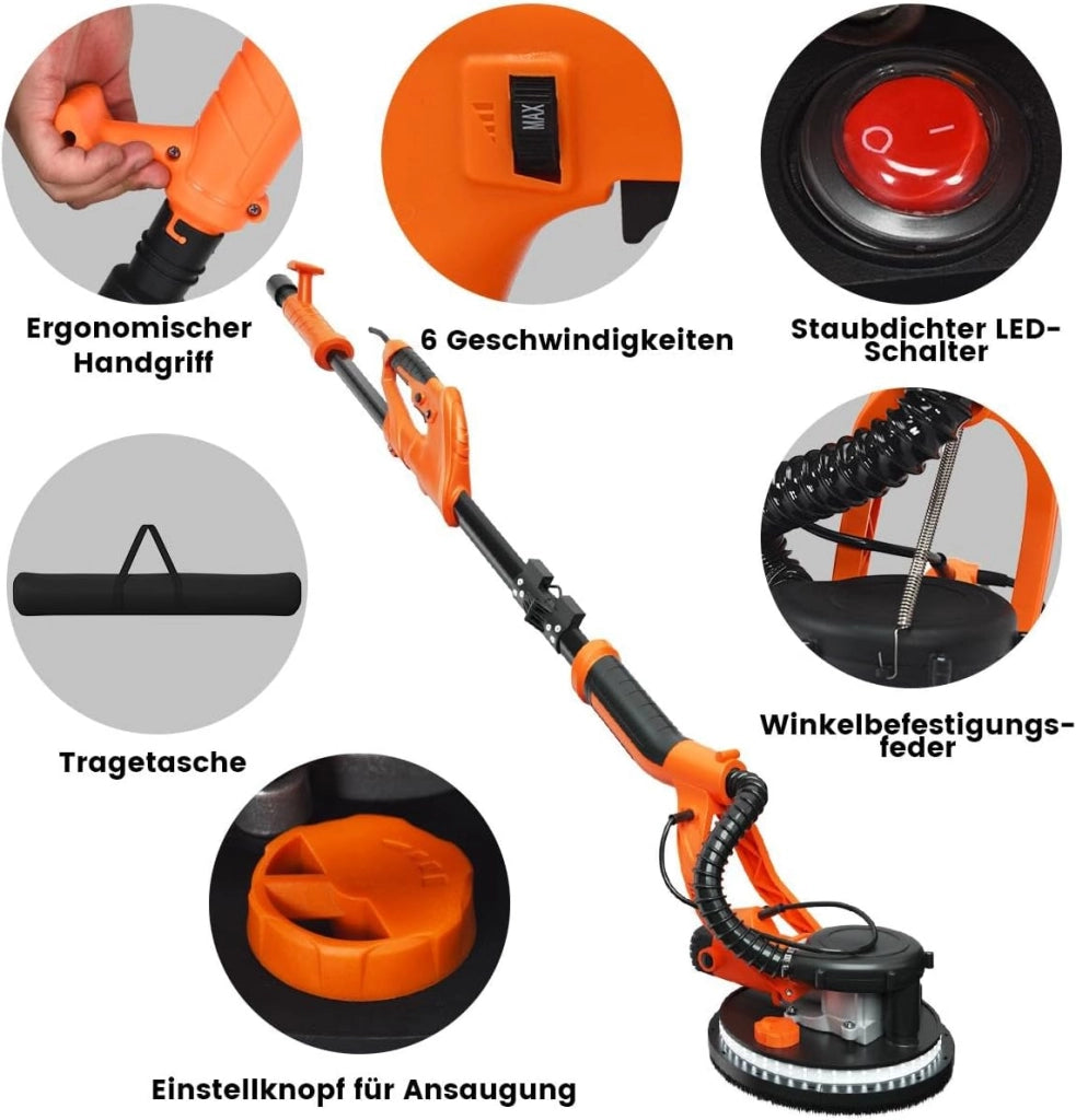 Levigatrice per Muro 750W, Ø 250 MM, 6 Velocità Massima di Rotazione 1750 Giri/Min, Giraffa Levigatrice con Manico Telescopico, Luce LED, 12 Carte Abrasivi & Sacchetto, per Muro, Soffitti