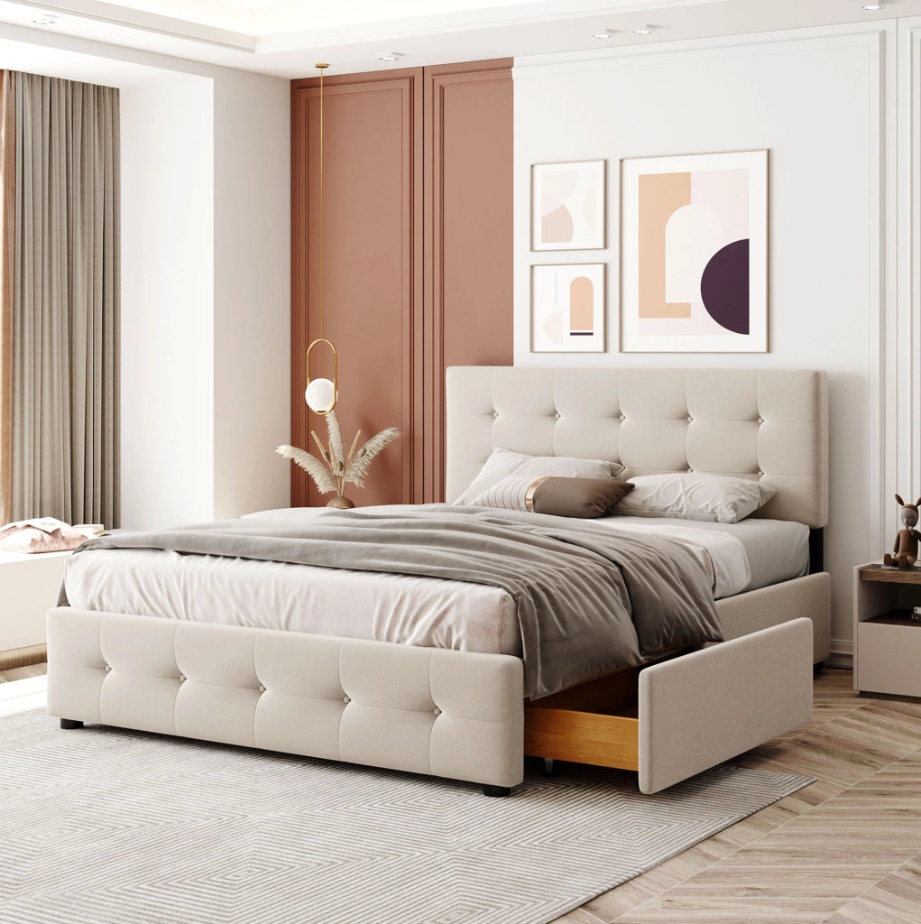 Letto imbottito beige con 4 cassetti, rete a doghe e testiera