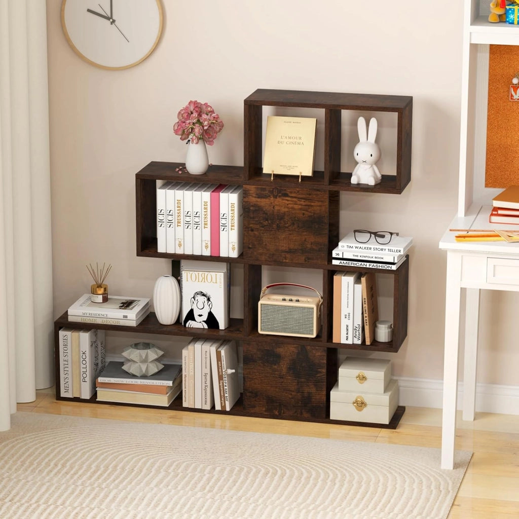 Libreria in Legno, 5 Livelli con Ante, Scaffale Multifunzionale a Forma di Scala, Ideale per Soggiorno Studio Ufficio, 120x19,5x109cm (Marrone)