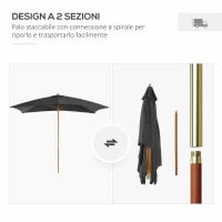 Ombrellone da Giardino 2x3m in Legno e Bambù con 8 Stecche e Copertura in Poliestere, Grigio Scuro
