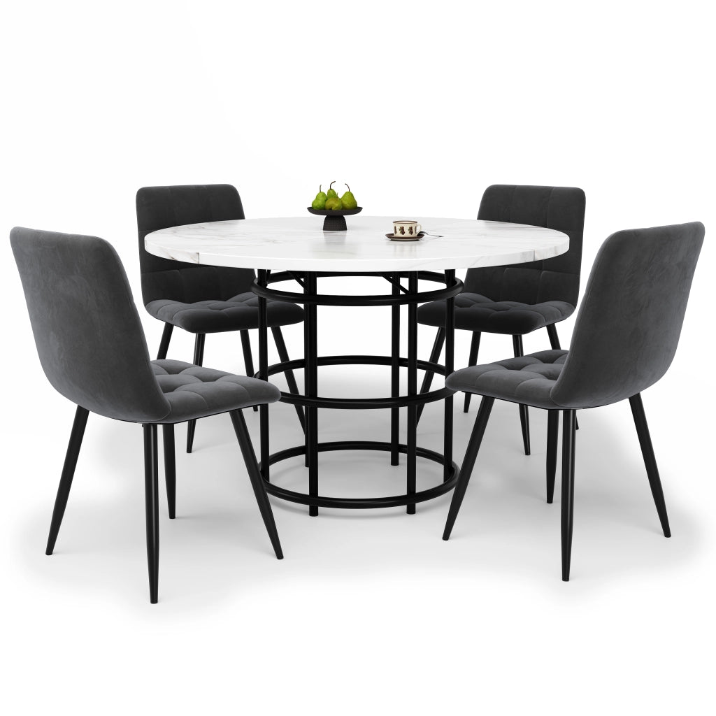 Tavolo da Pranzo Rotondo con 4 Sedie ¨C MINIMAL ¨C Piano MDF Bianco, Seduta Velluto Grigio, ?100cm