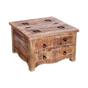 Tavolino quadrato LODEN 70 cm in legno massiccio di mango con cassapanca e 4 cassetti - stile industriale