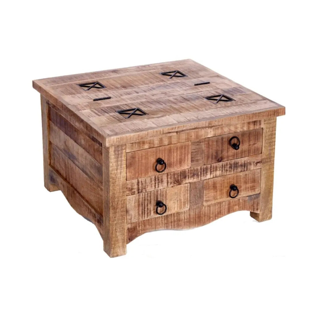 Tavolino quadrato LODEN 70 cm in legno massiccio di mango con cassapanca e 4 cassetti - stile industriale