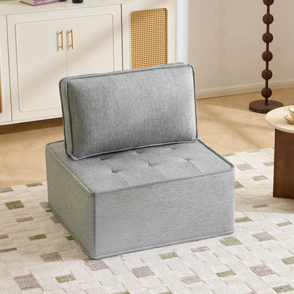 Divano modulare compatto per piccoli spazi con seduta ergonomica e comfort morbido in lino e compensato grigio chiaro