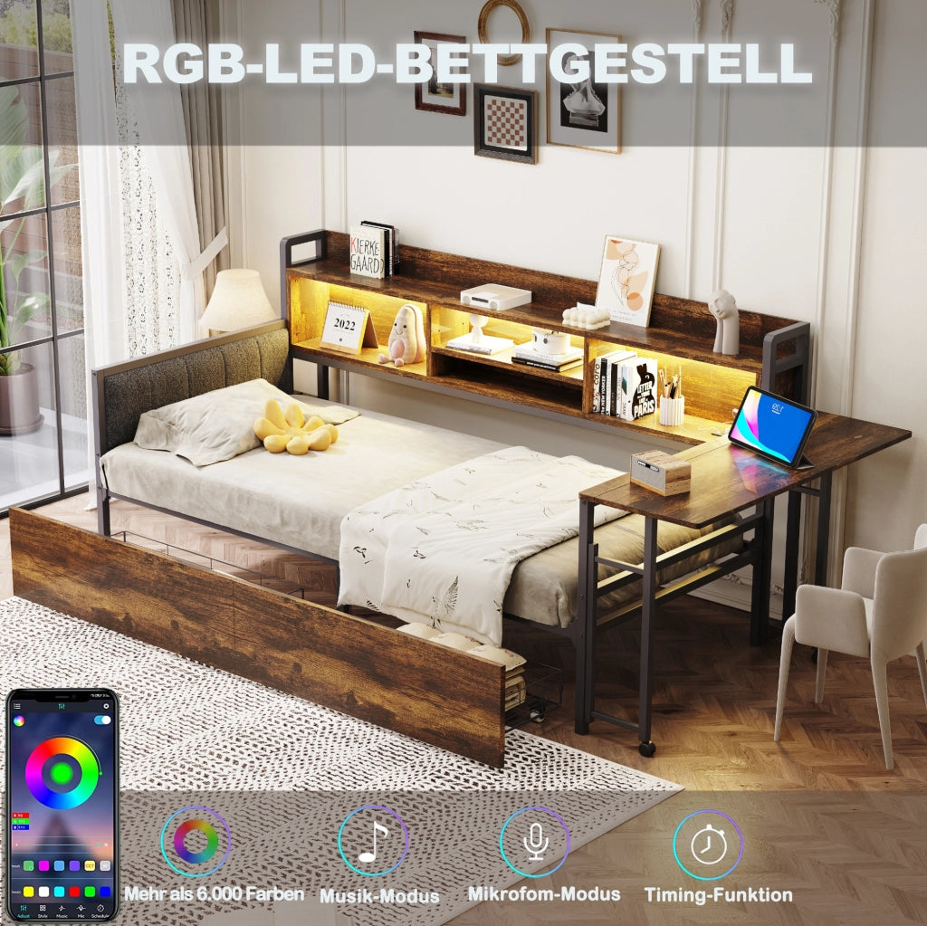 Letto singolo multifunzione 90x200 cm con LED e scrivania