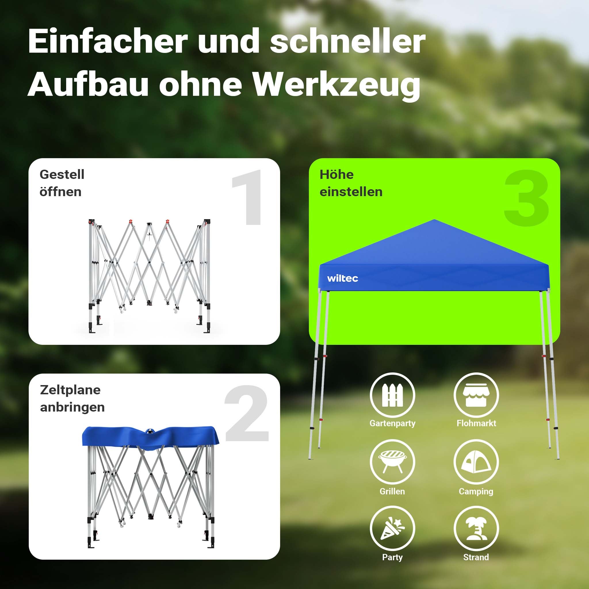 Gazebo pieghevole blu, 2,5 x 2,5 x 2,7 m con chiusura centrale, Tenda per fiere eventi mercati