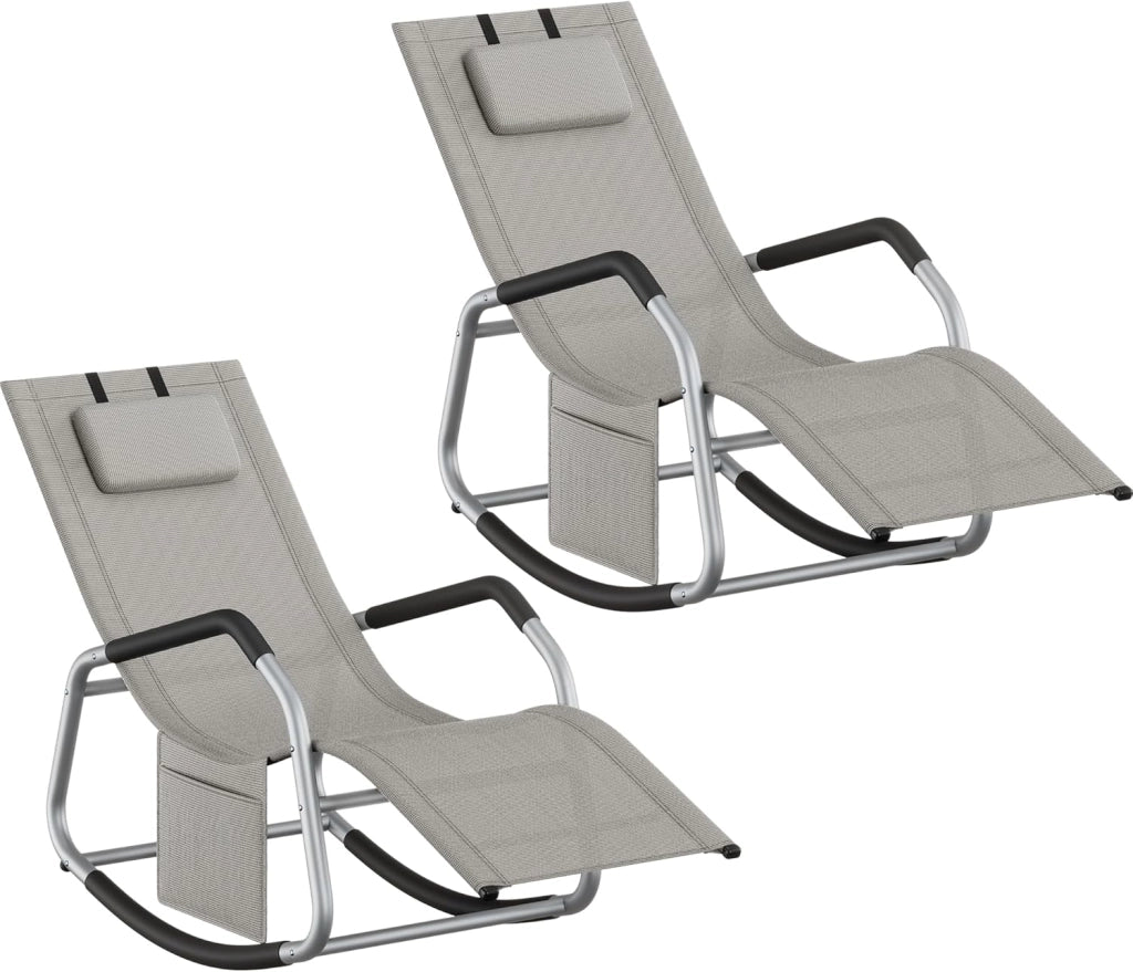 SONGMICS Sedia a Dondolo, Sedia a Sdraio Antiribaltamento, Cuscino Regolabile, Telaio in Acciaio, Tessuto Respirante, Tasca Portaoggetti, 151 x 56,2 x 97,3 cm, Beige GCB230WZ01