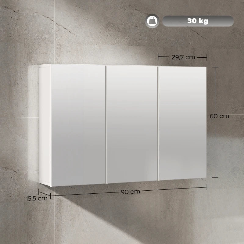 Mobile specchiera da bagno con 3 ante a specchio, pensile, 90 x 15,5 x 60 cm, bianco