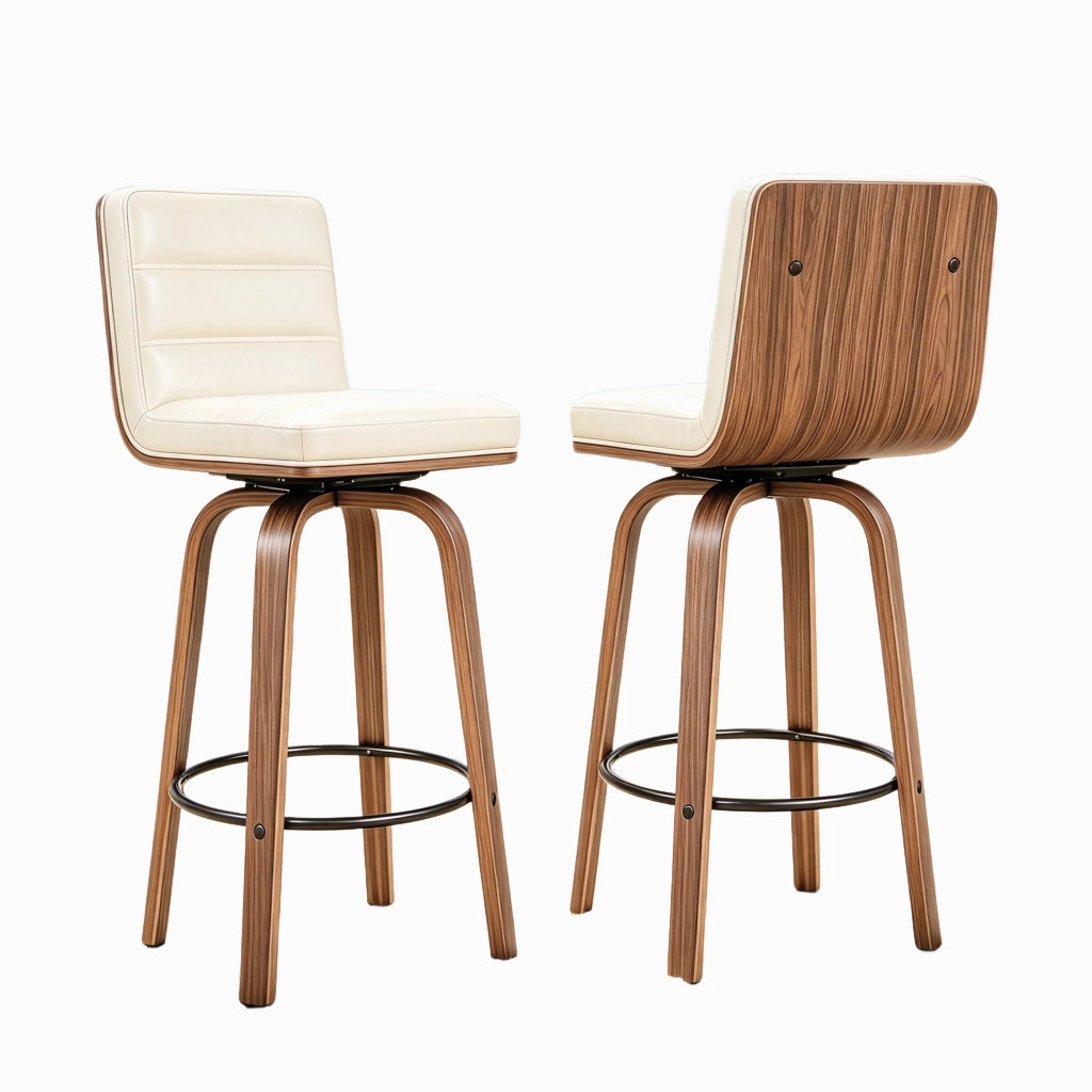 Sgabello da bar in pelle PU con schienale ergonomico, anello poggiapiedi e gambe in legno e metallo, crema