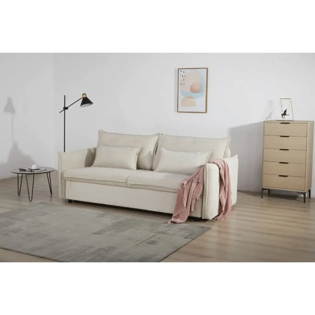 Divano dritto CALDERO beige convertibile con contenitore – Divano letto in velluto a coste con spazio di stoccaggio integrato