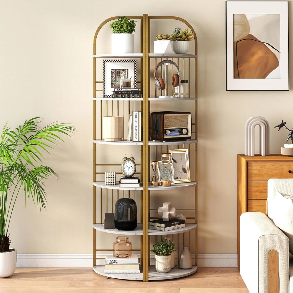 Scaffale Angolare a 6 Ripiani, Libreria Alta 181,5 cm Autoportante con Struttura in Metallo Robusto, Espositore Verticale per Soggiorno, Camera da Letto, Ufficio (Bianco)